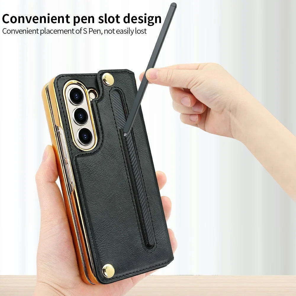 For Samsung Galaxy Z Fold6 5G Case RFID Blocking Card Slot PU+PC Kickstand Phone Cover with Stylus Holder - Black - 6