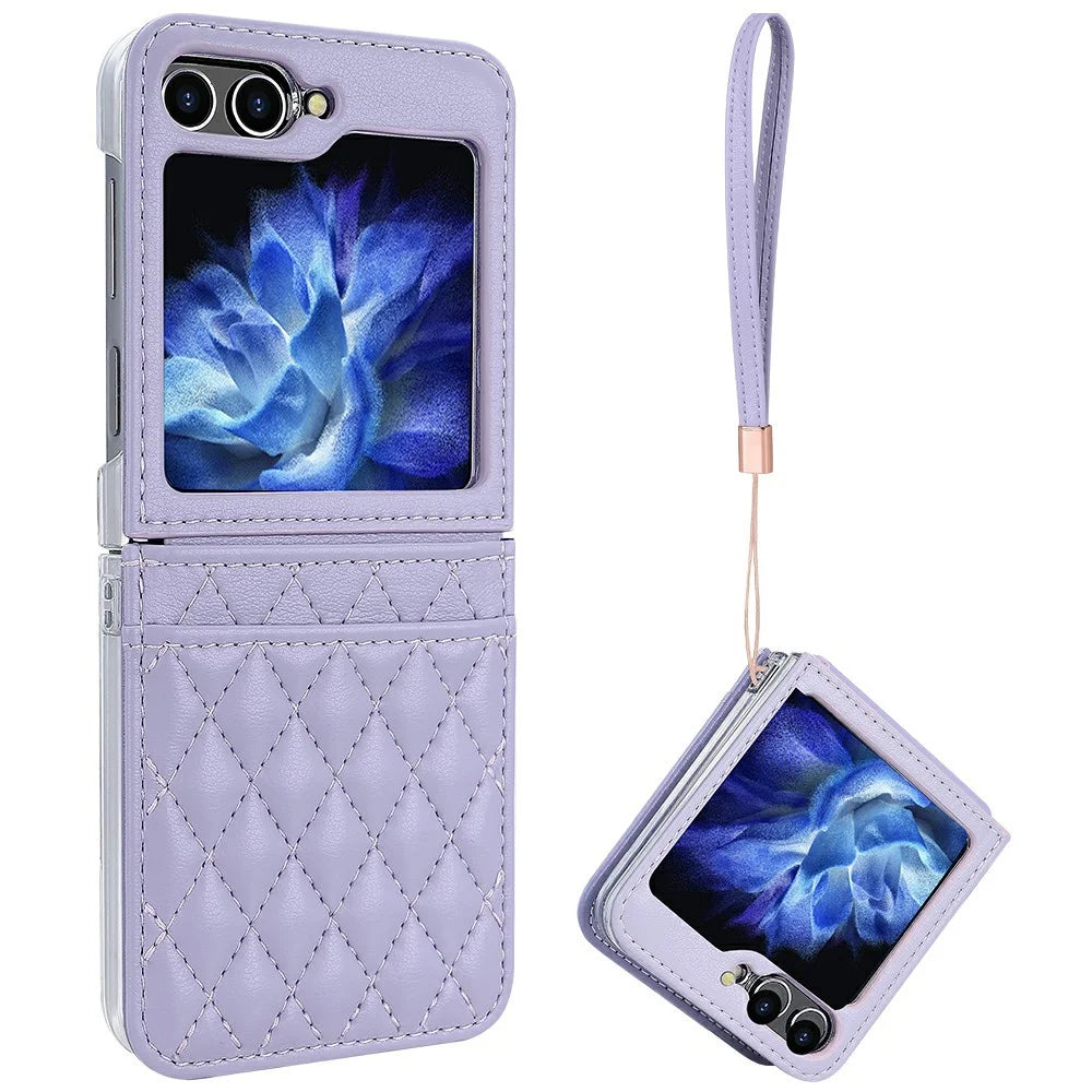 For Samsung Galaxy Z Flip7 FE 5G / Z Flip6 5G Case with Strap Card Slot PU+PC Phone Back Cover - Purple - 1
