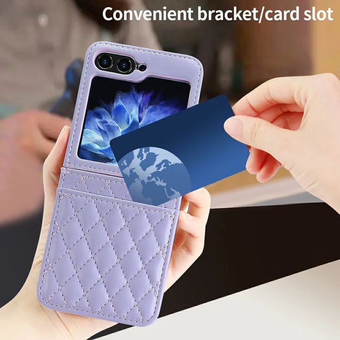 For Samsung Galaxy Z Flip7 FE 5G / Z Flip6 5G Case with Strap Card Slot PU+PC Phone Back Cover - Purple - 5