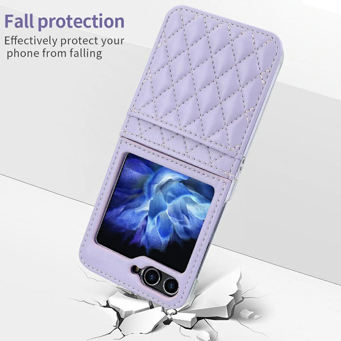 For Samsung Galaxy Z Flip7 FE 5G / Z Flip6 5G Case with Strap Card Slot PU+PC Phone Back Cover - Purple - 7