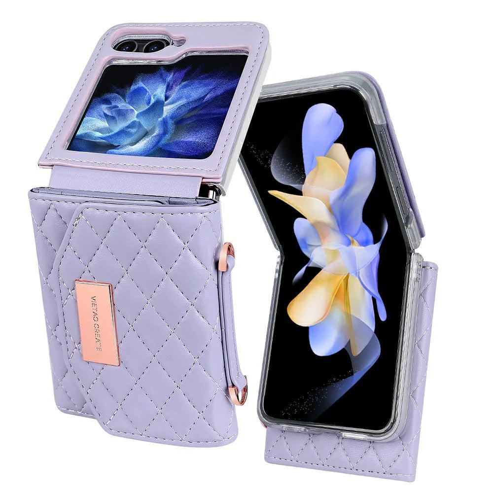 For Samsung Galaxy Z Flip5 5G Case with Shoulder Strap PU+PC Wallet Phone Cover Built-In Back Screen Film - Purple - 2