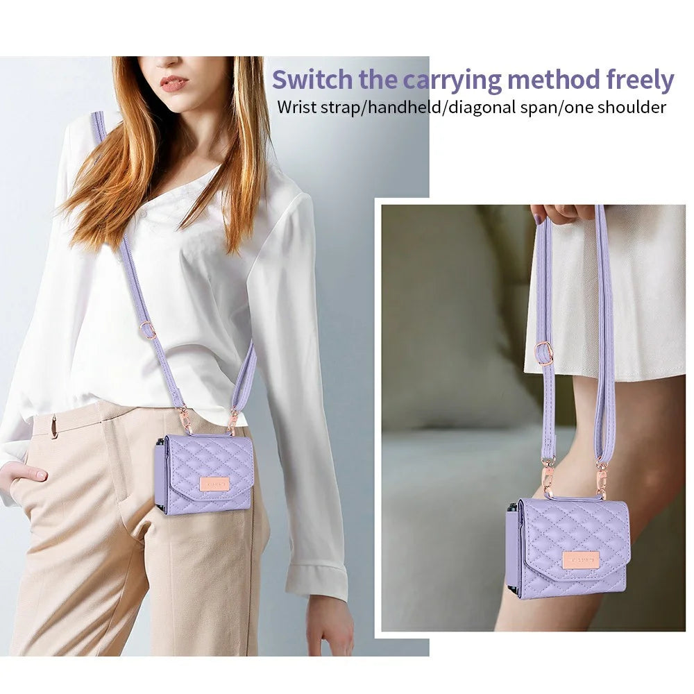 For Samsung Galaxy Z Flip5 5G Case with Shoulder Strap PU+PC Wallet Phone Cover Built-In Back Screen Film - Purple - 3