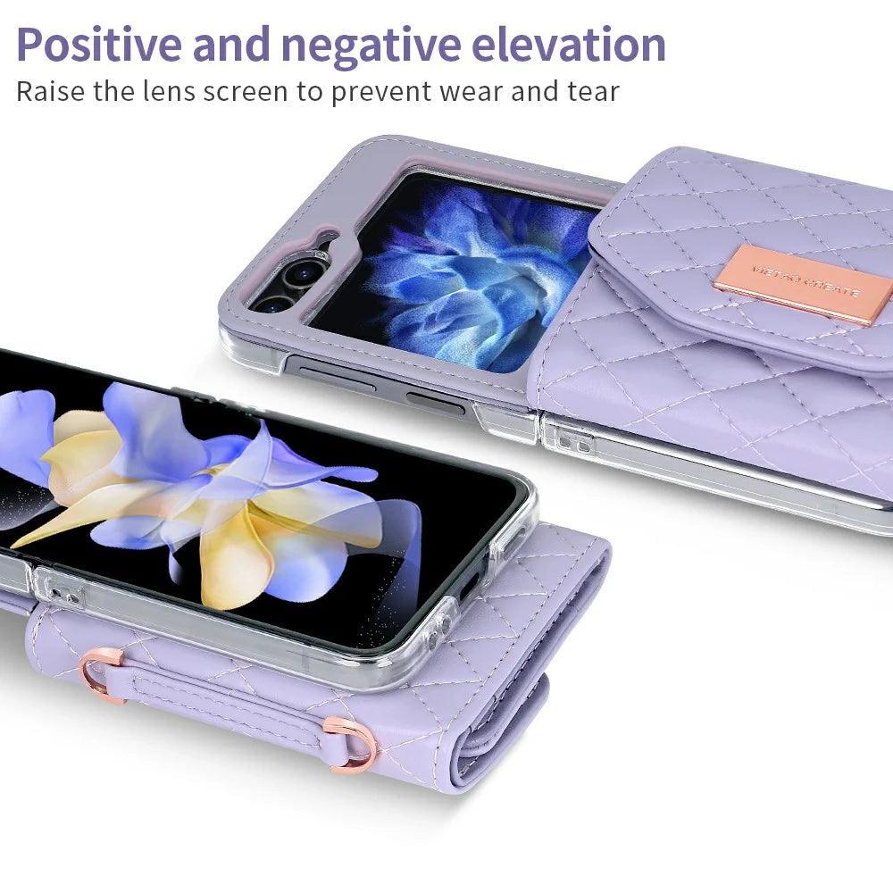 For Samsung Galaxy Z Flip5 5G Case with Shoulder Strap PU+PC Wallet Phone Cover Built-In Back Screen Film - Purple - 4