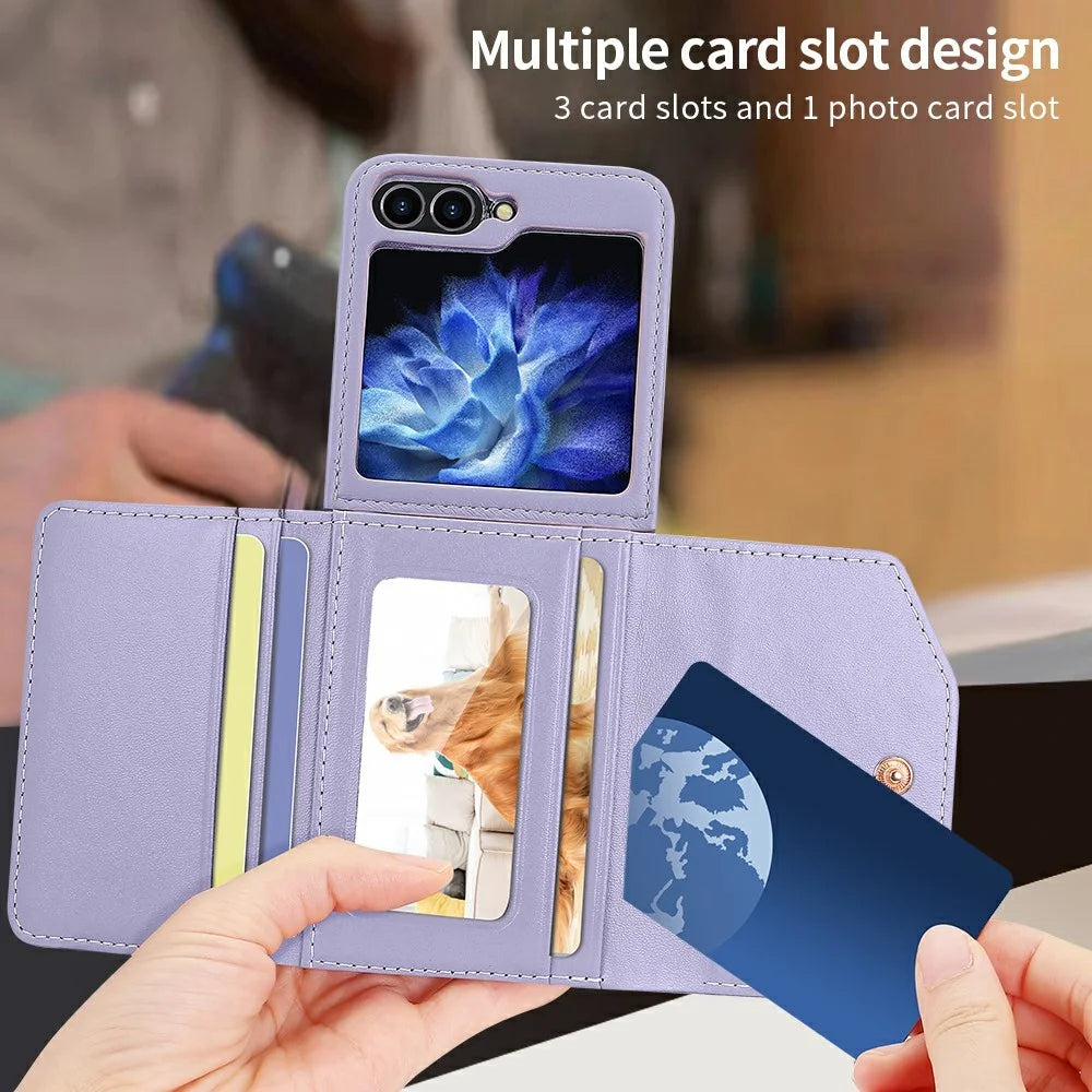 For Samsung Galaxy Z Flip5 5G Case with Shoulder Strap PU+PC Wallet Phone Cover Built-In Back Screen Film - Purple - 5