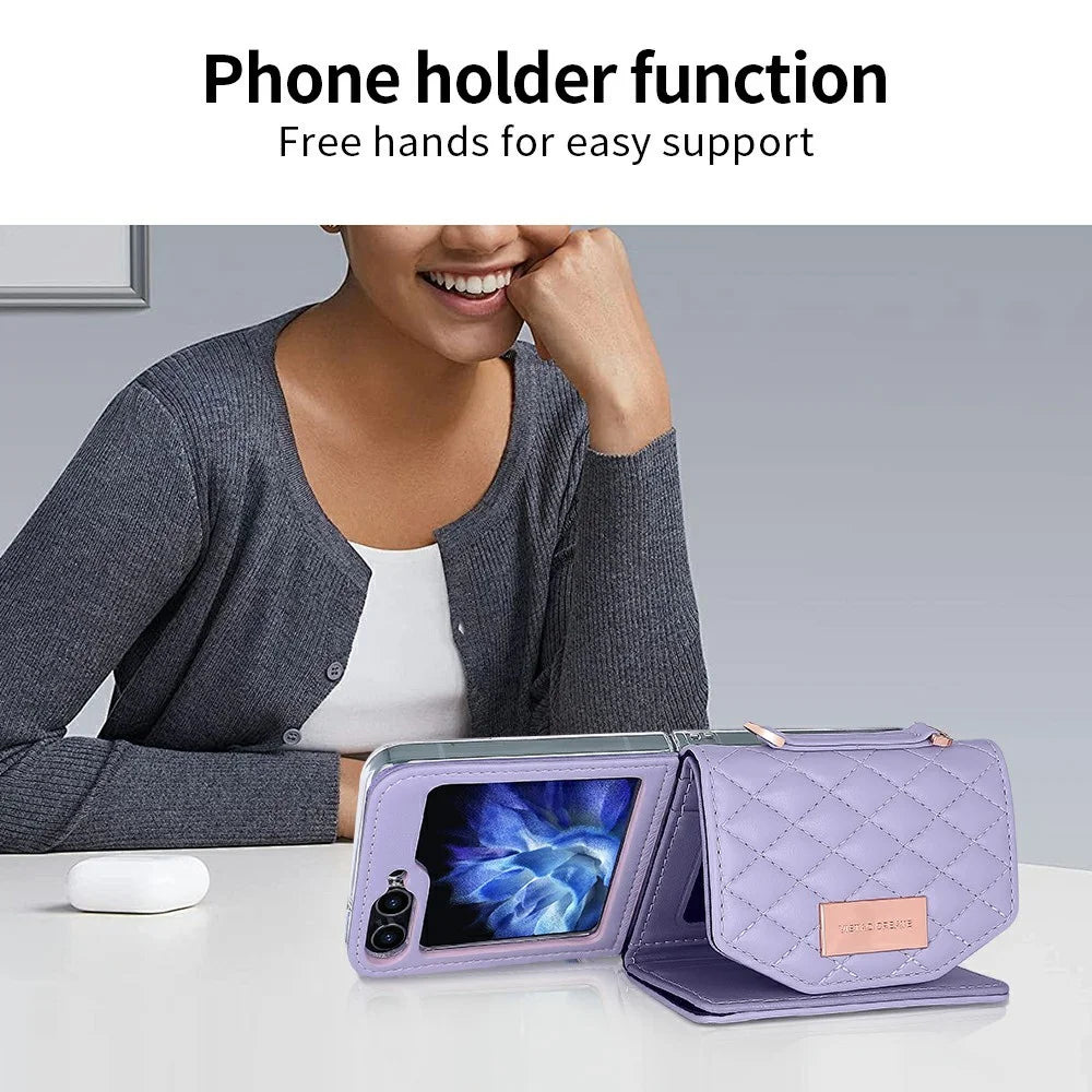 For Samsung Galaxy Z Flip5 5G Case with Shoulder Strap PU+PC Wallet Phone Cover Built-In Back Screen Film - Purple - 6