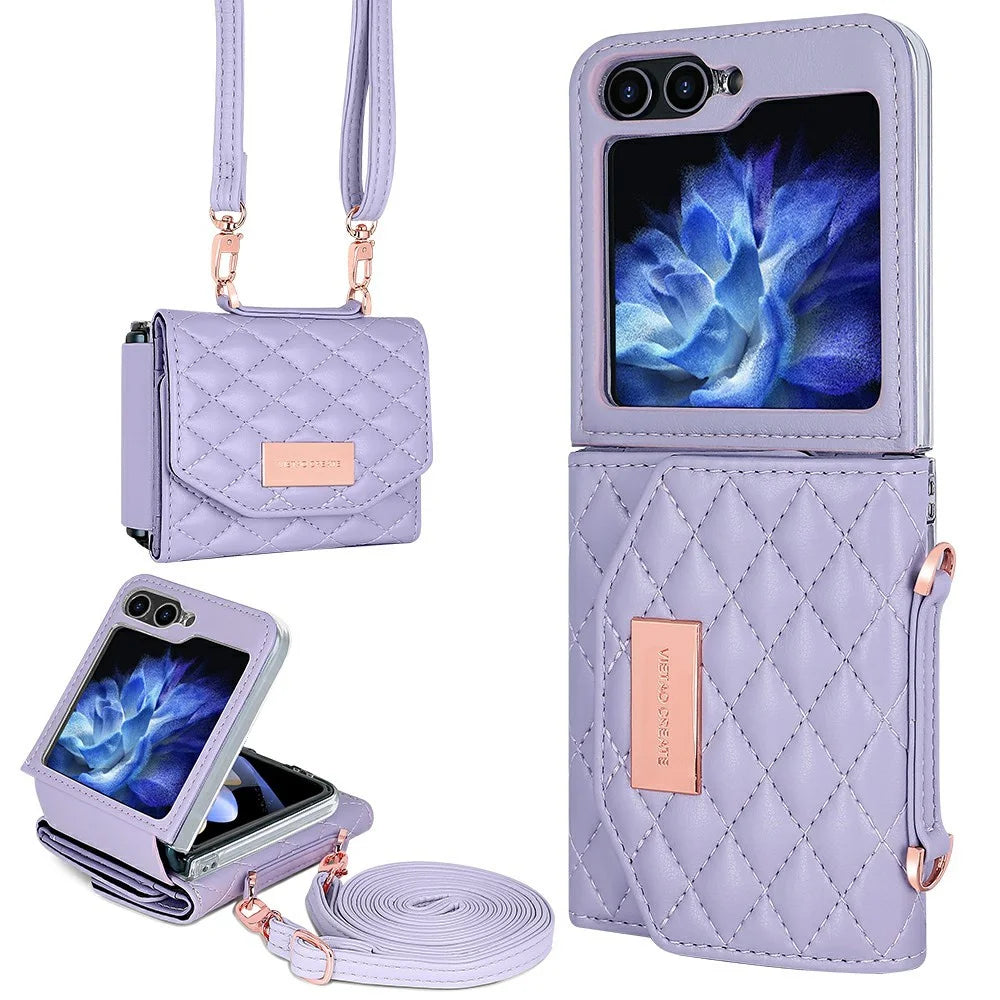 For Samsung Galaxy Z Flip7 FE 5G / Z Flip6 5G Case with Shoulder Strap PU+PC Wallet Phone Cover Built-In Back Screen Film - Purple - 1