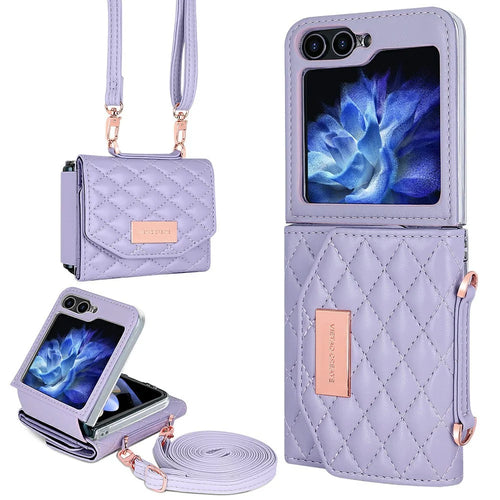 For Samsung Galaxy Z Flip7 FE 5G / Z Flip6 5G Case with Shoulder Strap PU+PC Wallet Phone Cover Built-In Back Screen Film - Purple - 1