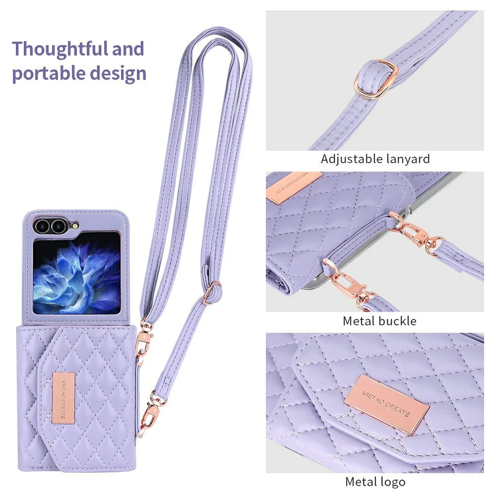 For Samsung Galaxy Z Flip7 FE 5G / Z Flip6 5G Case with Shoulder Strap PU+PC Wallet Phone Cover Built-In Back Screen Film - Purple - 7