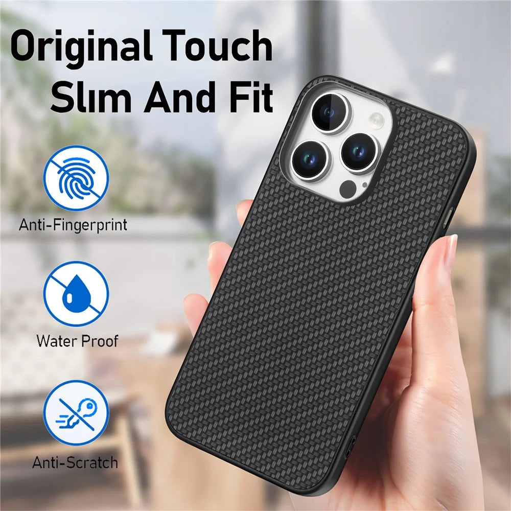 For iPhone 16 Pro Case Carbon Fiber Texture PU+PC+TPU Phone Cover - Black - 6