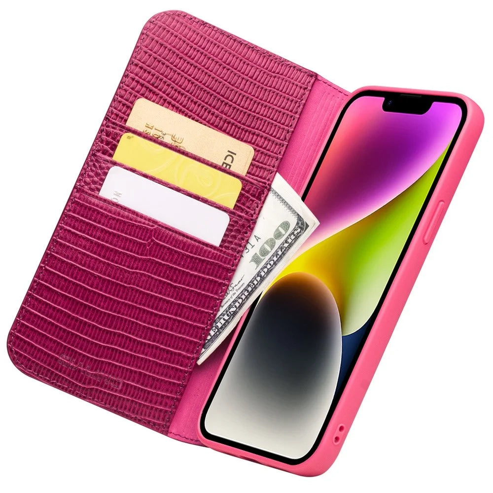 QIALINO For iPhone 14 Plus Genuine Leather Anti-drop Phone Case Crocodile Texture Stand Wallet Cover - 2
