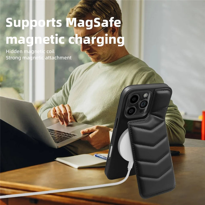 For iPhone 16 Pro Case Compatible with MagSafe RFID Blocking Card Slot Leather Back Cover - Black - 6