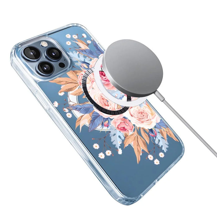 For iPhone 16 Pro Case Compatible with MagSafe Flower Pattern Printing TPU+PC Phone Cover - Style I - 4