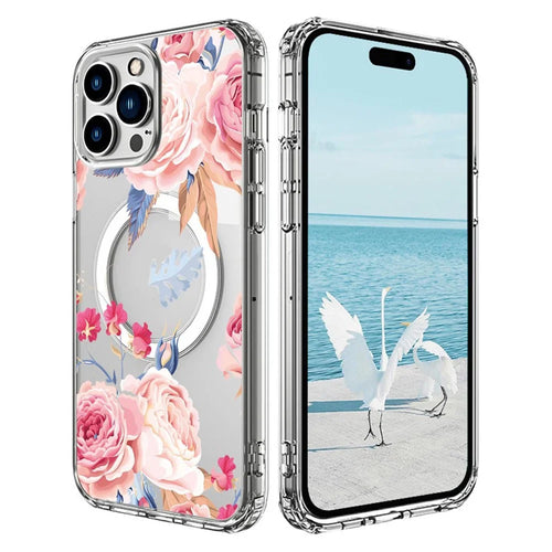For iPhone 15 Pro Max Case Compatible with MagSafe Flower Pattern Printing TPU+PC Phone Cover - Style H - 1