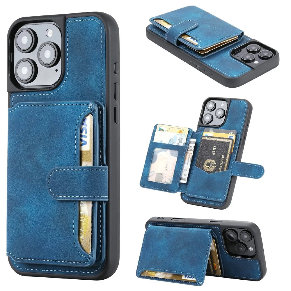 For iPhone 16 Pro Max Case Wallet Card Slot TPU+PU Leather Back Phone Cover - Navy Blue - 1