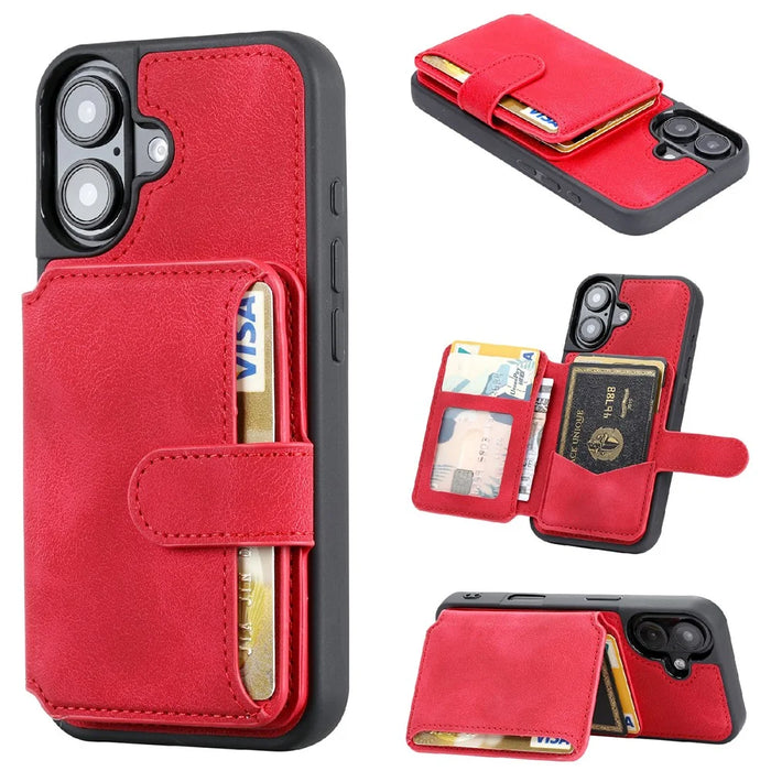 For iPhone 16 Case Wallet Card Slot TPU+PU Leather Back Phone Cover - Red - 1