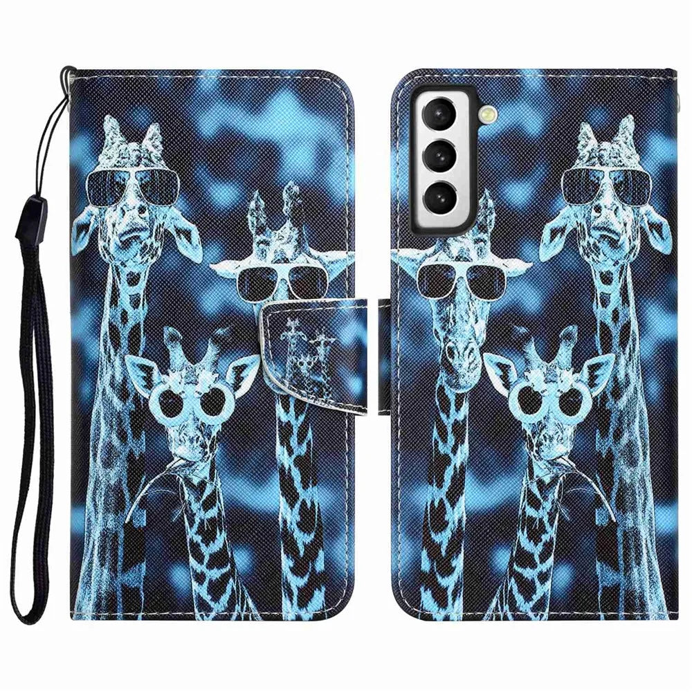 Pattern Printing PU Leather Stand Cover for Samsung Galaxy S22 5G, Cross Texture Shockproof Phone Wallet Case - Giraffe - 1