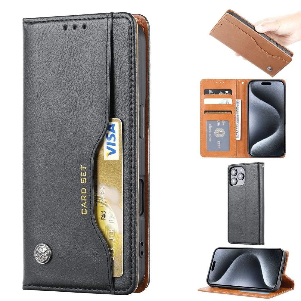 For iPhone 16 Pro Max Cell Phone Case Magnetic Closing PU Leather Stand Cover - Black - 1