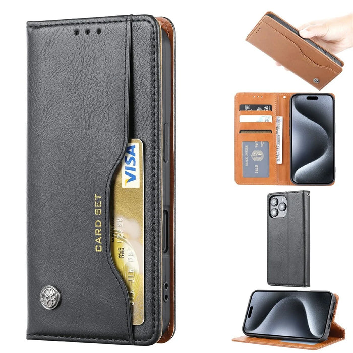 For iPhone 16 Pro Max Cell Phone Case Magnetic Closing PU Leather Stand Cover - Black - 1