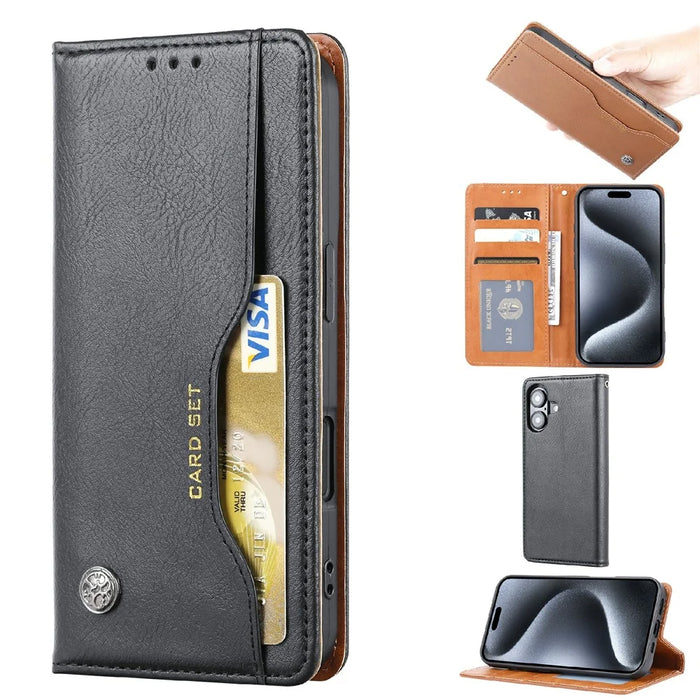 For iPhone 16 Cell Phone Case Magnetic Closing PU Leather Stand Cover - Black - 1