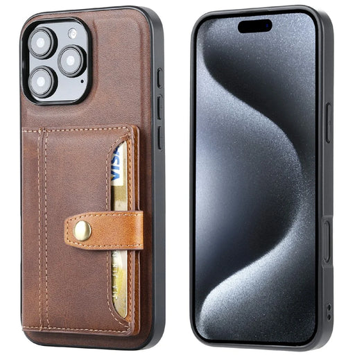 For iPhone 16 Pro Max Card Holder PU Leather+TPU Kicsktand Phone Cover - Brown - 1