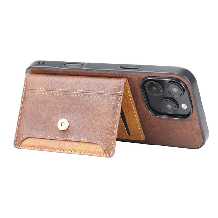 For iPhone 16 Pro Max Card Holder PU Leather+TPU Kicsktand Phone Cover - Brown - 3