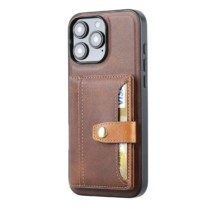 For iPhone 16 Pro Max Card Holder PU Leather+TPU Kicsktand Phone Cover - Brown - 6