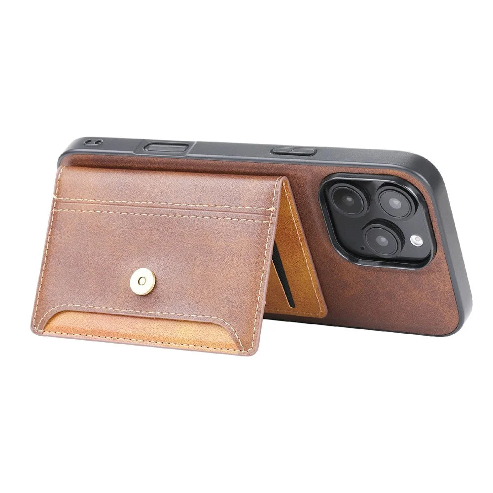 For iPhone 16 Pro Case Card Holder PU Leather+TPU Kicsktand Phone Cover - Brown - 3