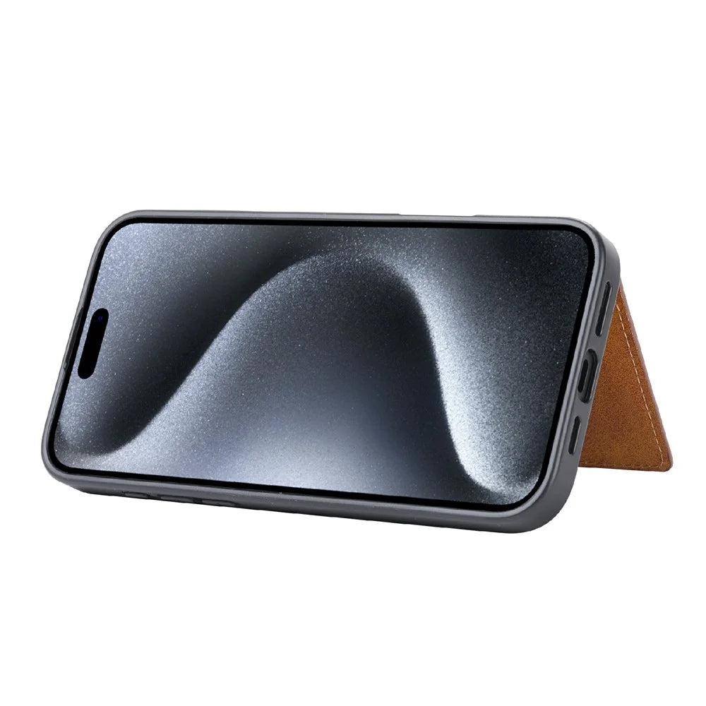 For iPhone 16 Pro Case Card Holder PU Leather+TPU Kicsktand Phone Cover - Brown - 4