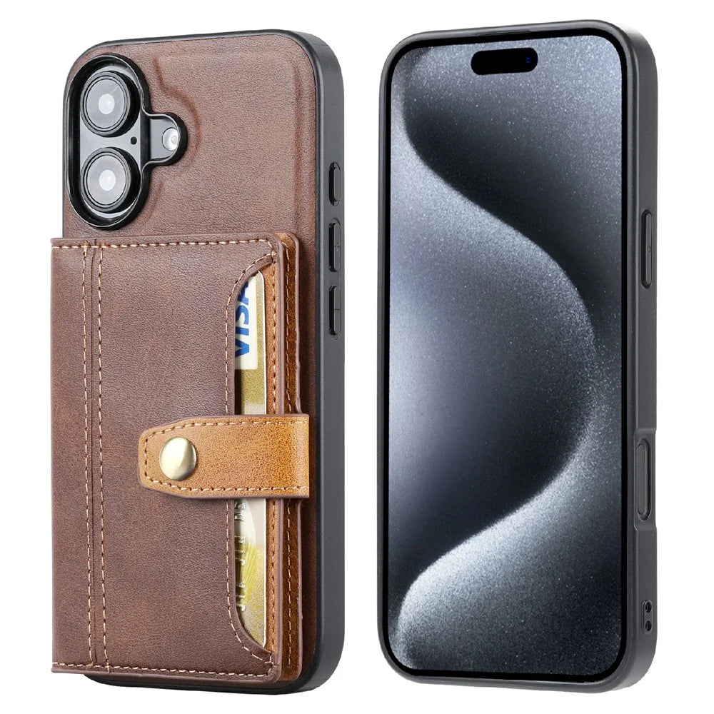 For iPhone 16 Case Card Holder PU Leather+TPU Kicsktand Phone Cover - Brown - 1