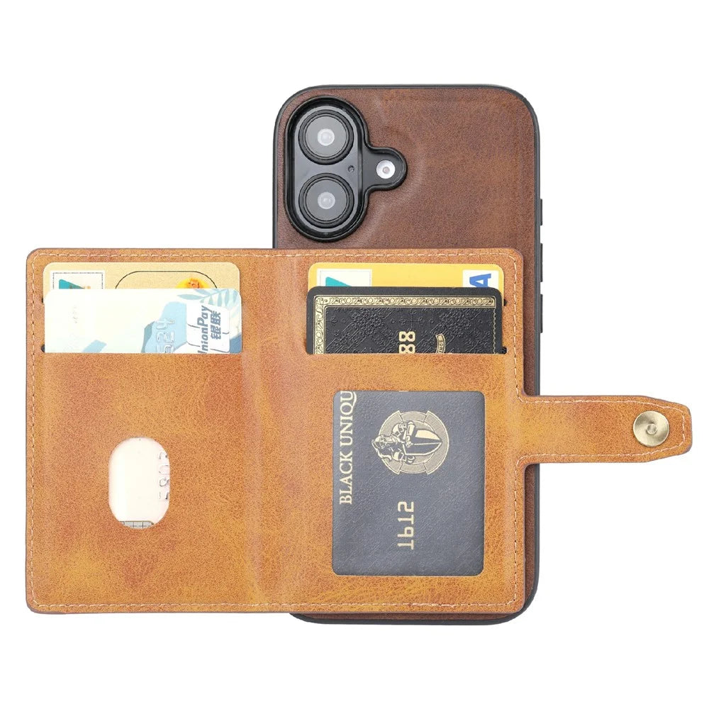 For iPhone 16 Case Card Holder PU Leather+TPU Kicsktand Phone Cover - Brown - 2