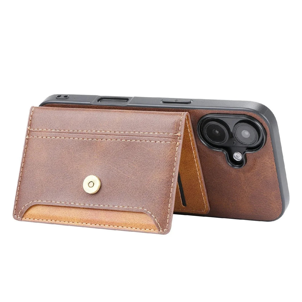 For iPhone 16 Case Card Holder PU Leather+TPU Kicsktand Phone Cover - Brown - 3