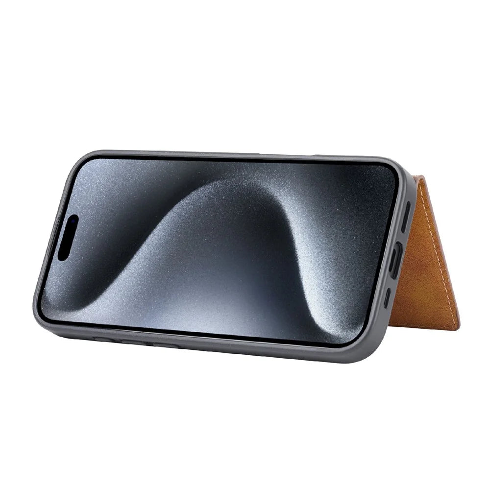 For iPhone 16 Case Card Holder PU Leather+TPU Kicsktand Phone Cover - Brown - 4