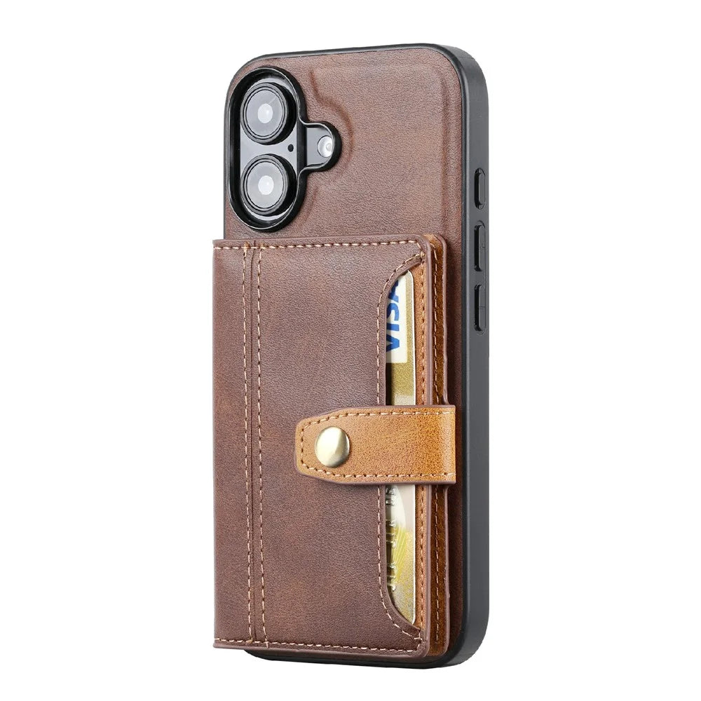 For iPhone 16 Case Card Holder PU Leather+TPU Kicsktand Phone Cover - Brown - 5