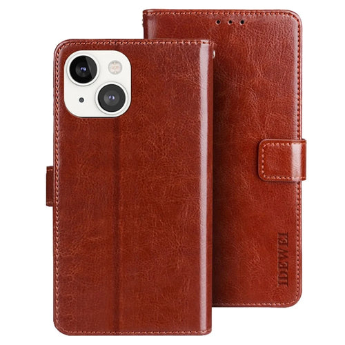 IDEWEI Phone Flip Wallet Case for iPhone 14, Magnetic Closure Crazy Horse Textured Anti-scratch PU Leather Phone Cover Stand - Brown - 1