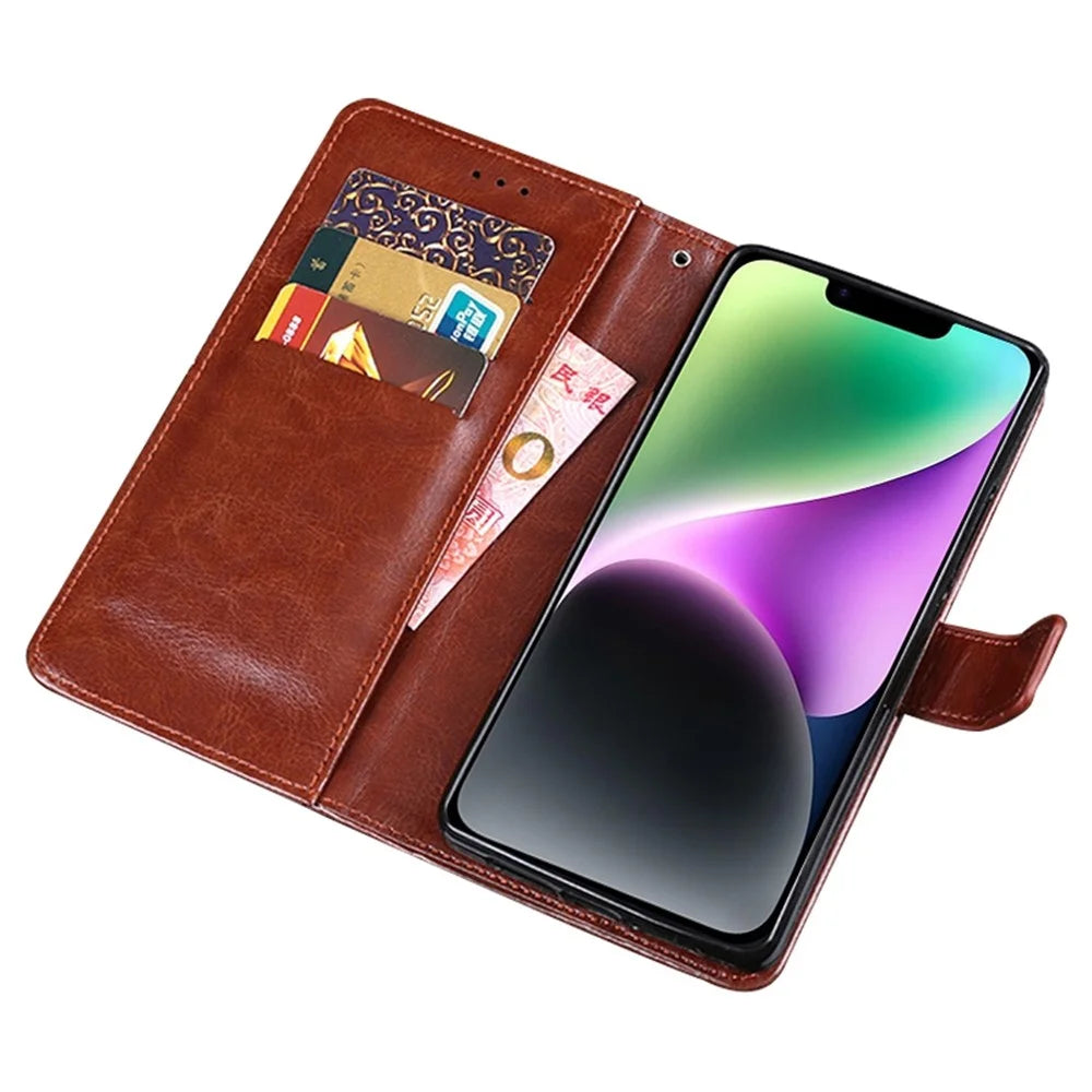IDEWEI Phone Flip Wallet Case for iPhone 14, Magnetic Closure Crazy Horse Textured Anti-scratch PU Leather Phone Cover Stand - Brown - 4