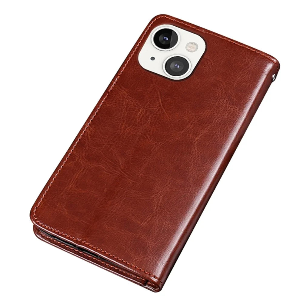 IDEWEI Phone Flip Wallet Case for iPhone 14, Magnetic Closure Crazy Horse Textured Anti-scratch PU Leather Phone Cover Stand - Brown - 6