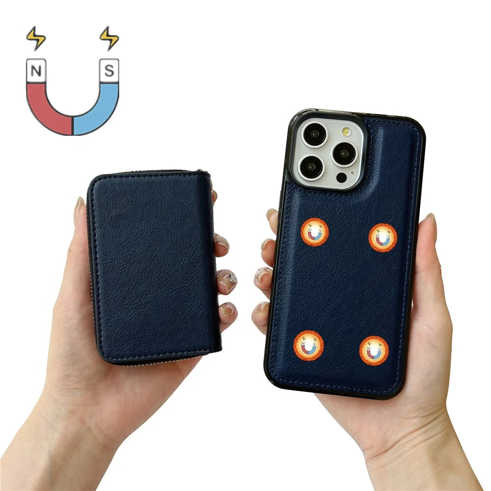 For iPhone 16 Pro Case Detachable Zipper Card Bag PU+TPU Kickstand Phone Case with Strap - Sapphire - 2