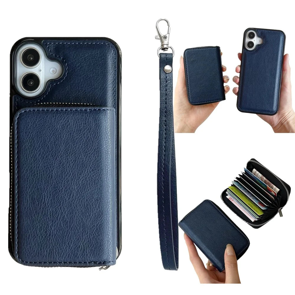 For iPhone 16 Plus Case Detachable Zipper Card Bag PU+TPU Kickstand Phone Case with Strap - Sapphire - 1