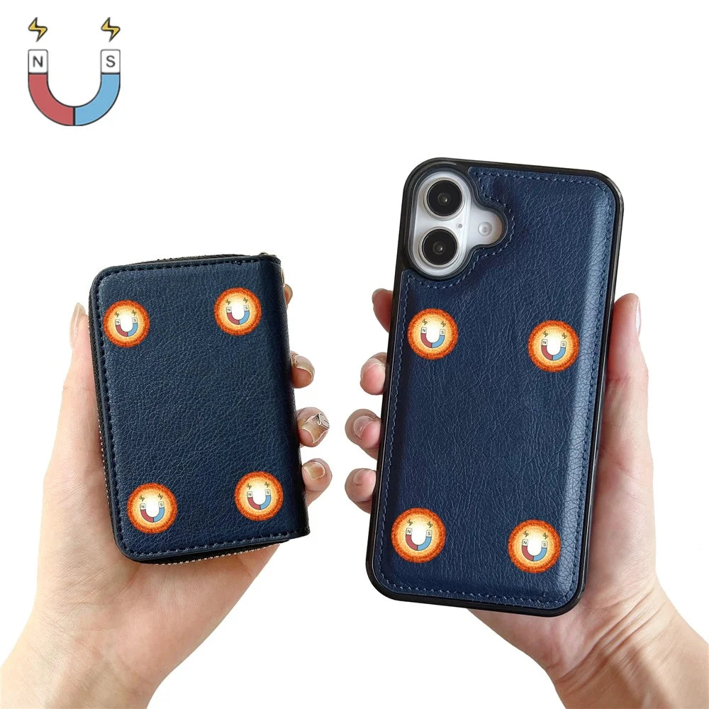For iPhone 16 Plus Case Detachable Zipper Card Bag PU+TPU Kickstand Phone Case with Strap - Sapphire - 2