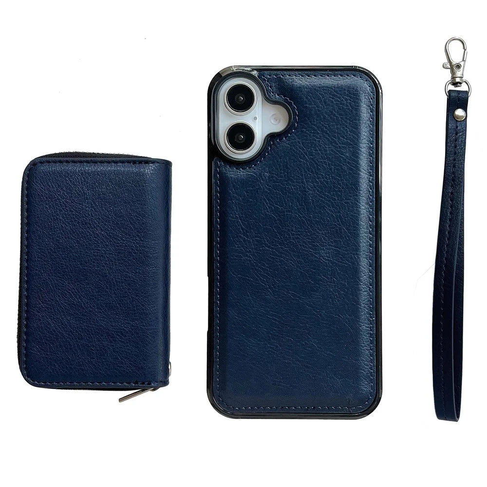 For iPhone 16 Plus Case Detachable Zipper Card Bag PU+TPU Kickstand Phone Case with Strap - Sapphire - 4