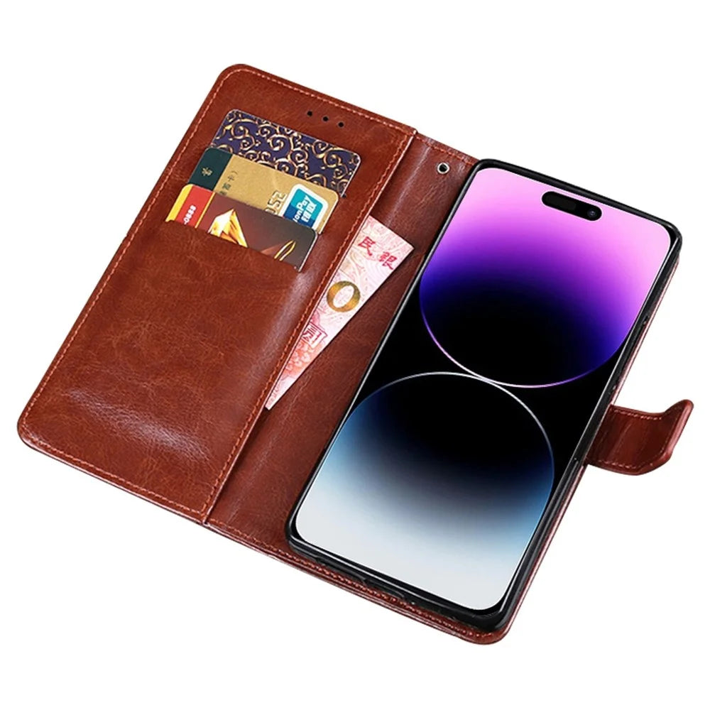 IDEWEI Phone Wallet Case for iPhone 14 Pro Max, Anti-fall Crazy Horse Textured PU Leather Phone Shell Magnetic Closure Flip Cover Stand - Brown - 4