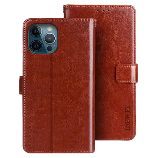 IDEWEI for iPhone 14 Pro Shockproof Phone Case Crazy Horse Textured PU Leather Magnetic Closure Flip Wallet Cover Stand - Brown - 1