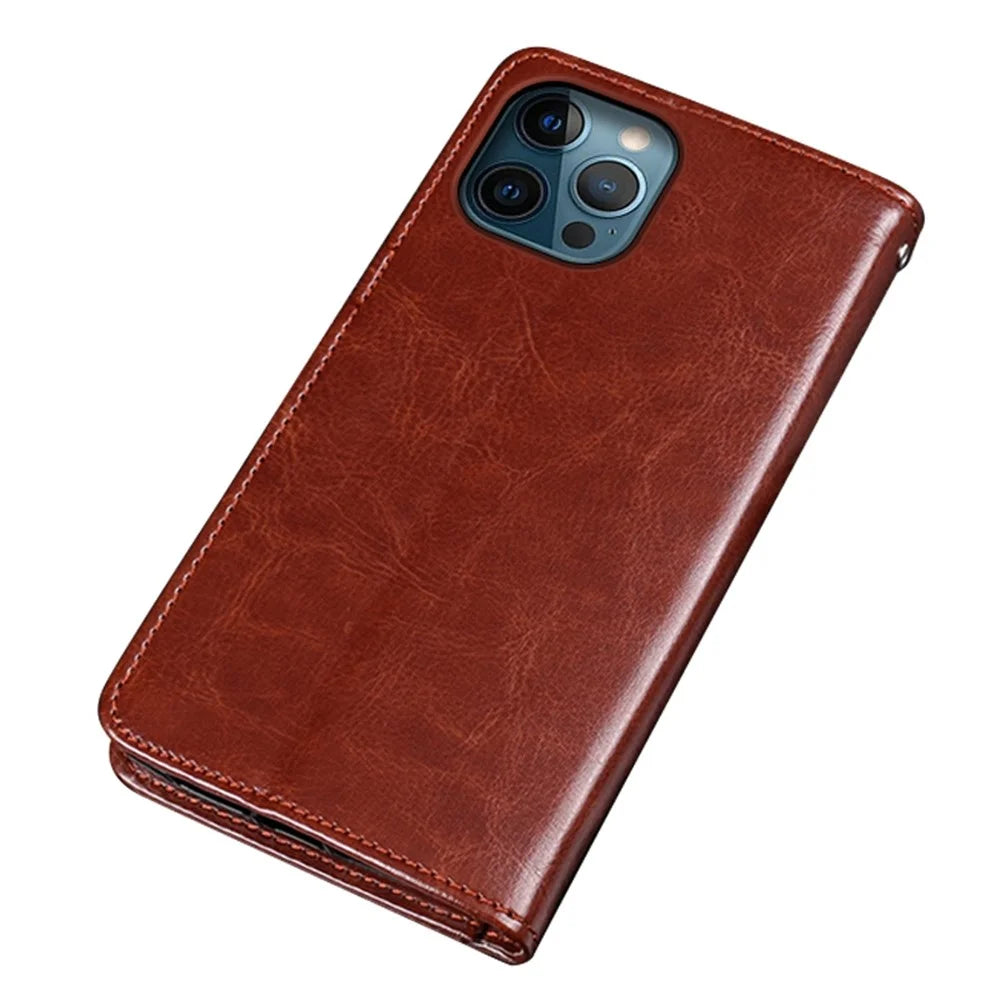 IDEWEI for iPhone 14 Pro Shockproof Phone Case Crazy Horse Textured PU Leather Magnetic Closure Flip Wallet Cover Stand - Brown - 6