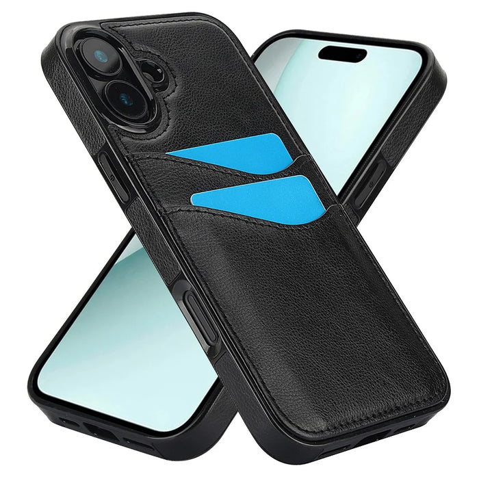 For iPhone 16 Case Card Slot Slim-Fit PU+TPU Mobile Cover - Black - 1