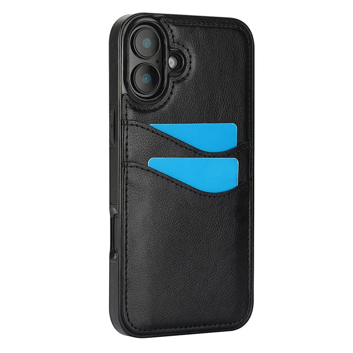 For iPhone 16 Case Card Slot Slim-Fit PU+TPU Mobile Cover - Black - 2