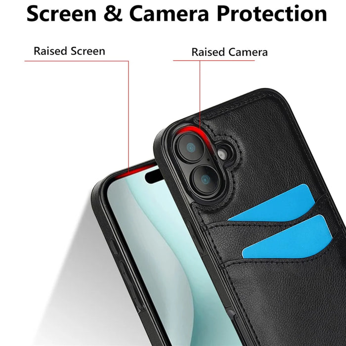 For iPhone 16 Case Card Slot Slim-Fit PU+TPU Mobile Cover - Black - 5