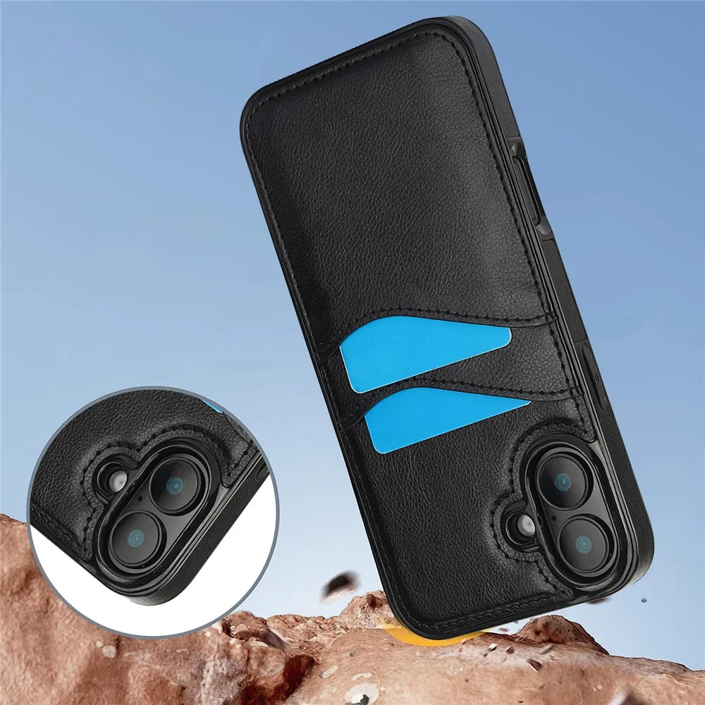 For iPhone 16 Plus Case Card Slot Slim-Fit PU+TPU Mobile Cover - Black - 4