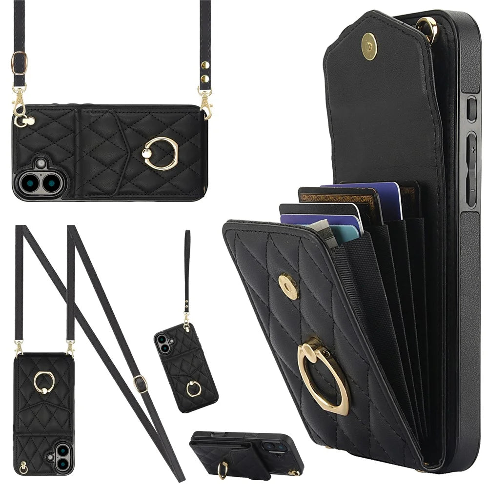 For iPhone 16 Case Card Bag Leather+TPU Crossbody Phone Cover with Ring Kickstand - Black - 1