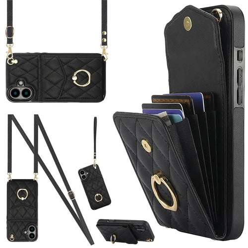 For iPhone 16 Case Card Bag Leather+TPU Crossbody Phone Cover with Ring Kickstand - Black - 1