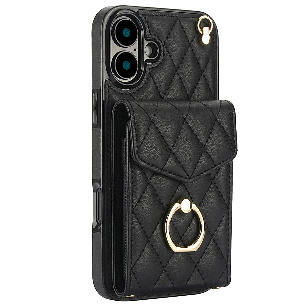 For iPhone 16 Case Card Bag Leather+TPU Crossbody Phone Cover with Ring Kickstand - Black - 2